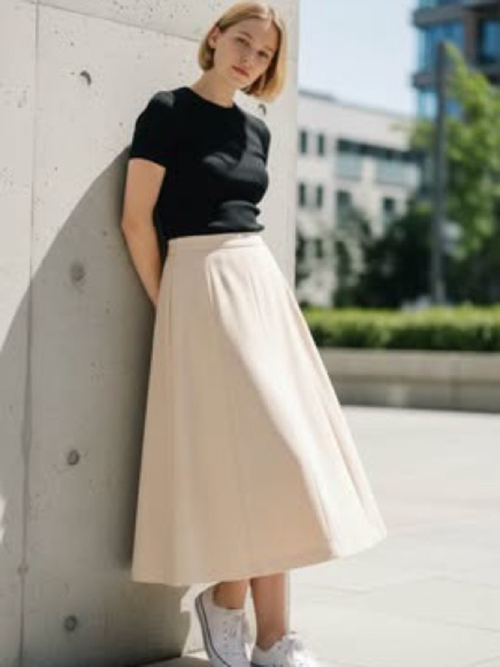 Rena Rowan Cream A-Line Silk Midi Skirt